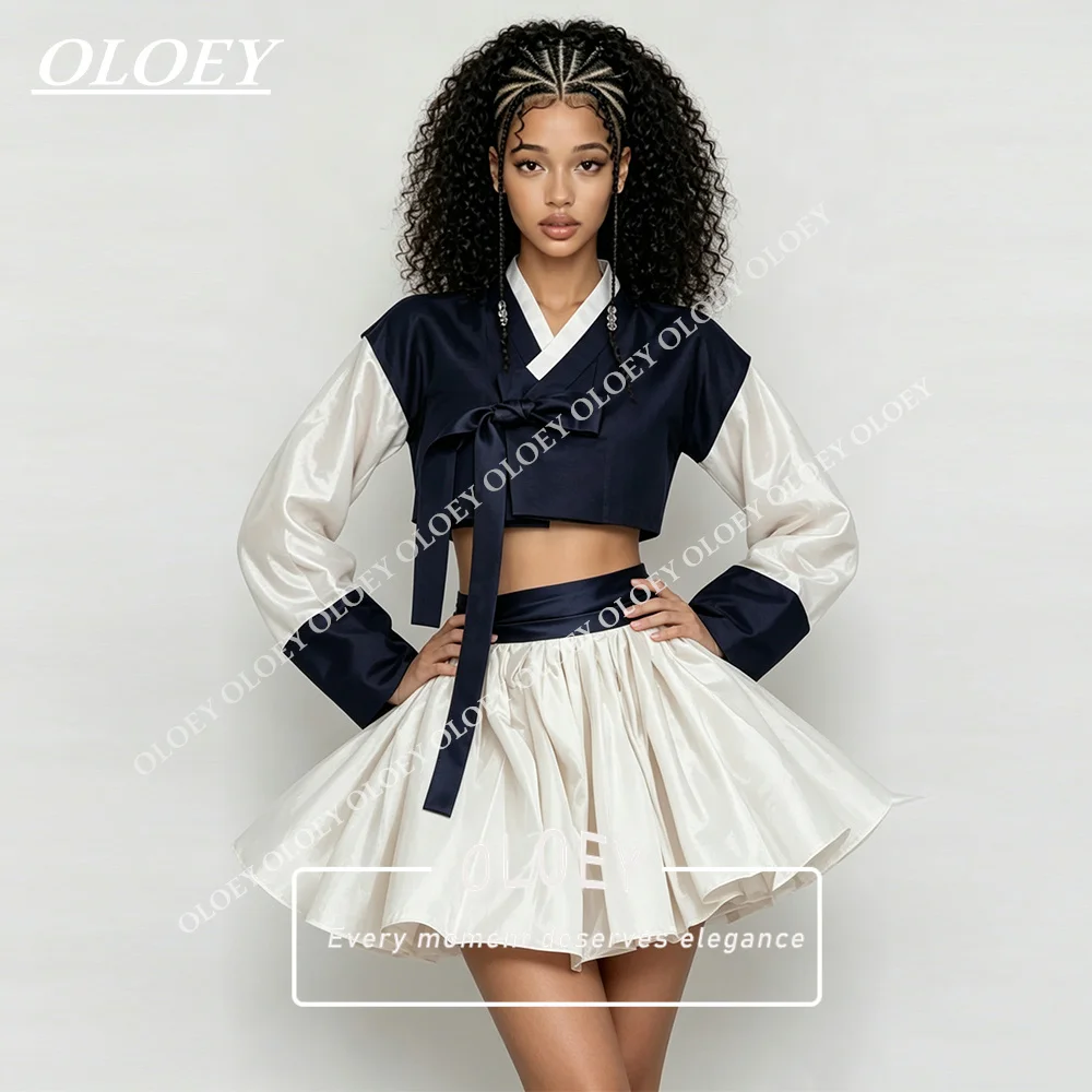 OLOEY Modern Navy Blue Ivory Short Concert Hanbok Set 2 PCS Silky Satin Korean Photo Shoot Reception Dress Customized