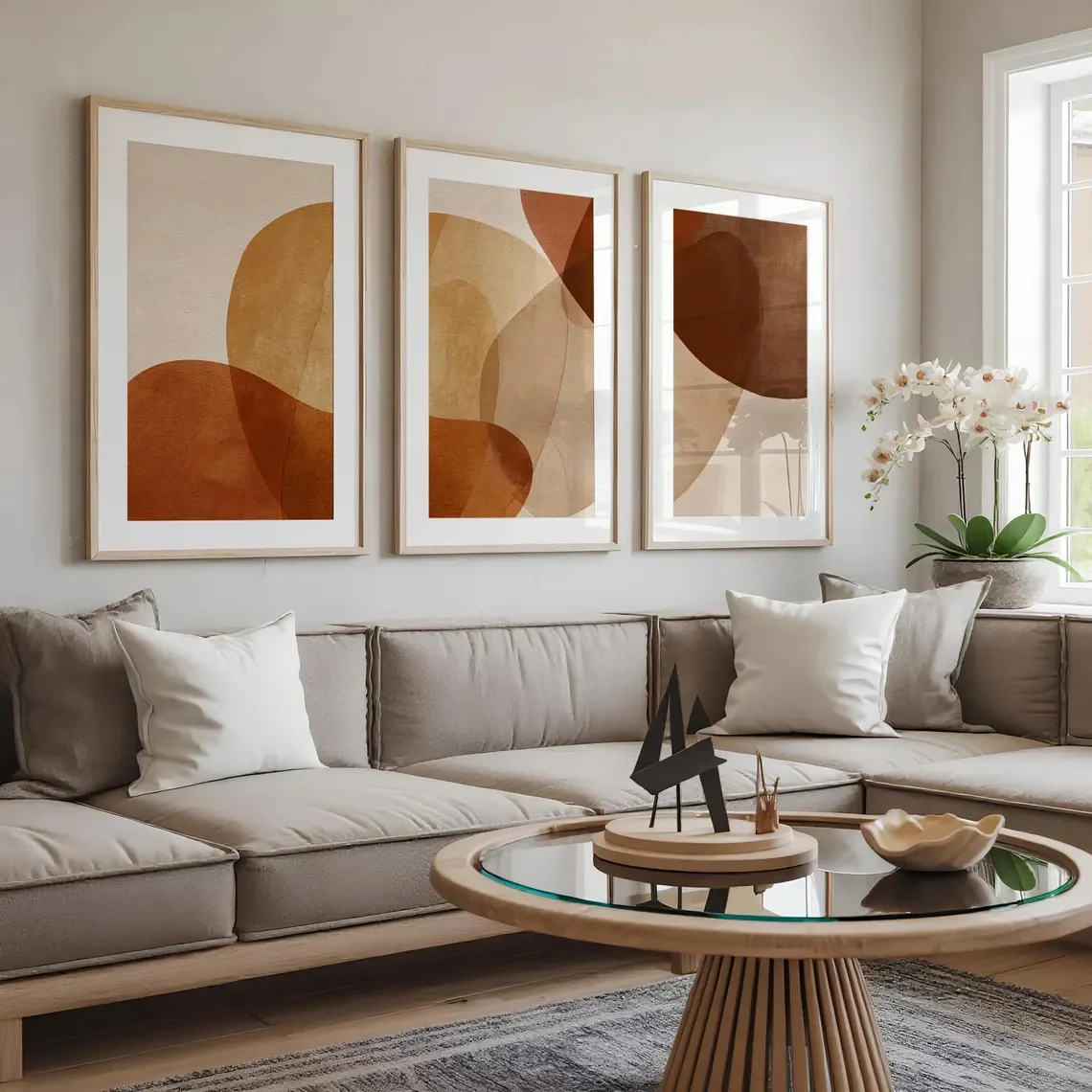 3pcs  frameless Wall Art Contemporary Prints Terracotta and Beige Abstract Poster Neutral Artwork for Living Room and Bedroom Sc