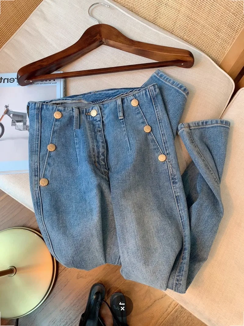 

Women's High Waist Wide Leg Jeans Blue Denim Gold Buttons Irregular Double Breasted Loose Fit Straight Casual Streetwear Trouser