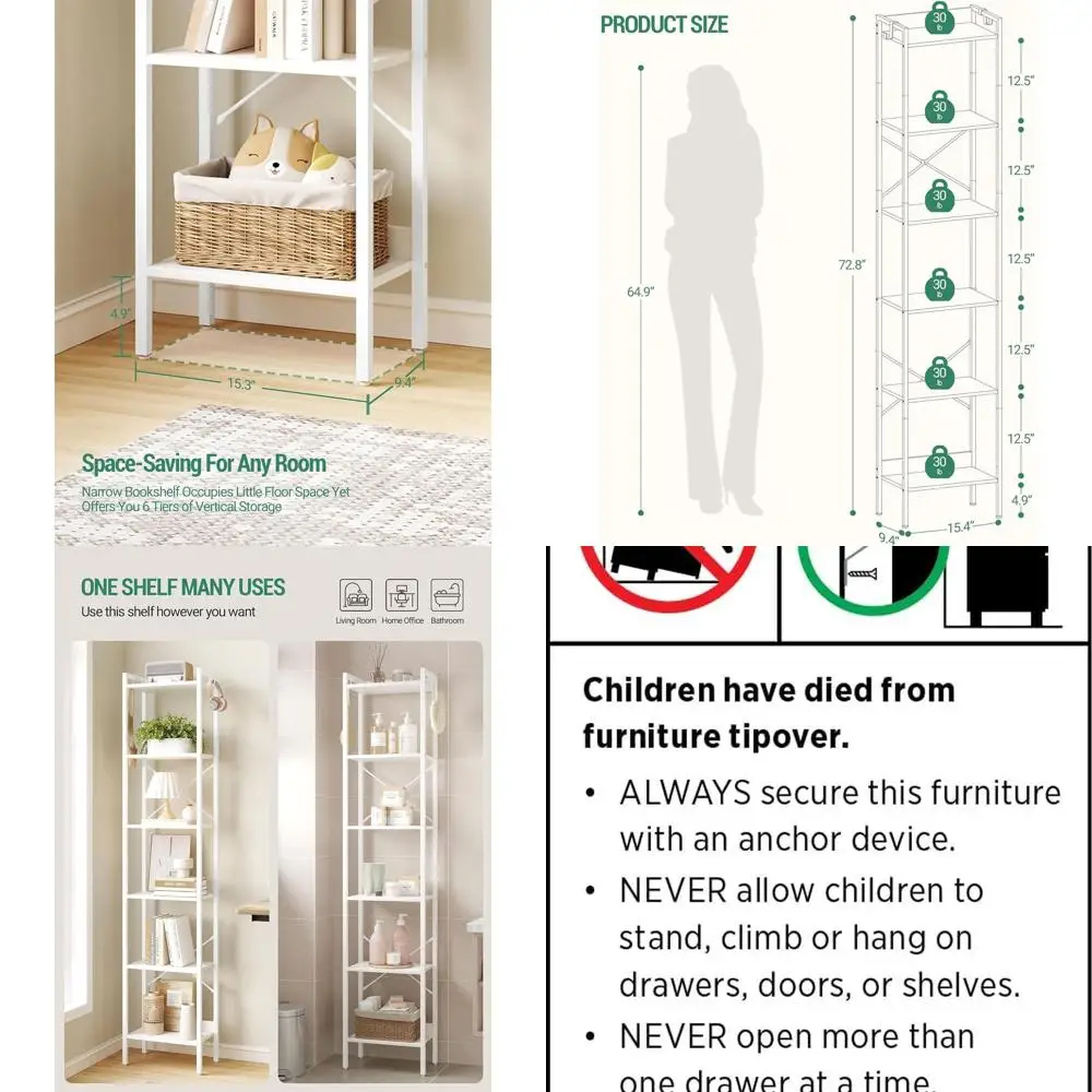 

6-уровневая белая книжная полка в индустриальном стиле с крючками, идеально подходит для хранения дома, офиса, гостиной и кухни BC10713W