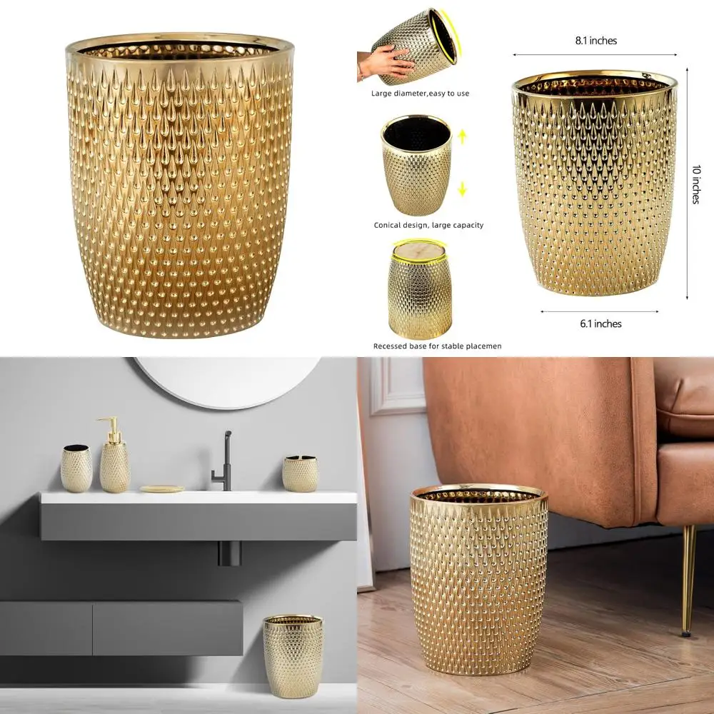 

Stylish Golden Small Wastebasket for Bathroom, Kitchen, Home Office - Durable and Compact Garbage Bin