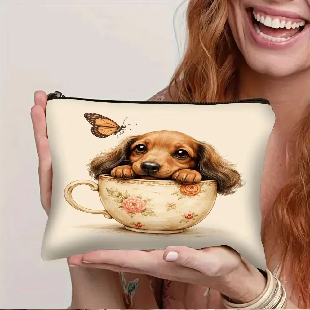 2D Print Teacup Dog & Butterfly Makeup Bag, Double-Sided Design, Durable Fade-Resistant Zipper Cosmetic Toiletry Pouch