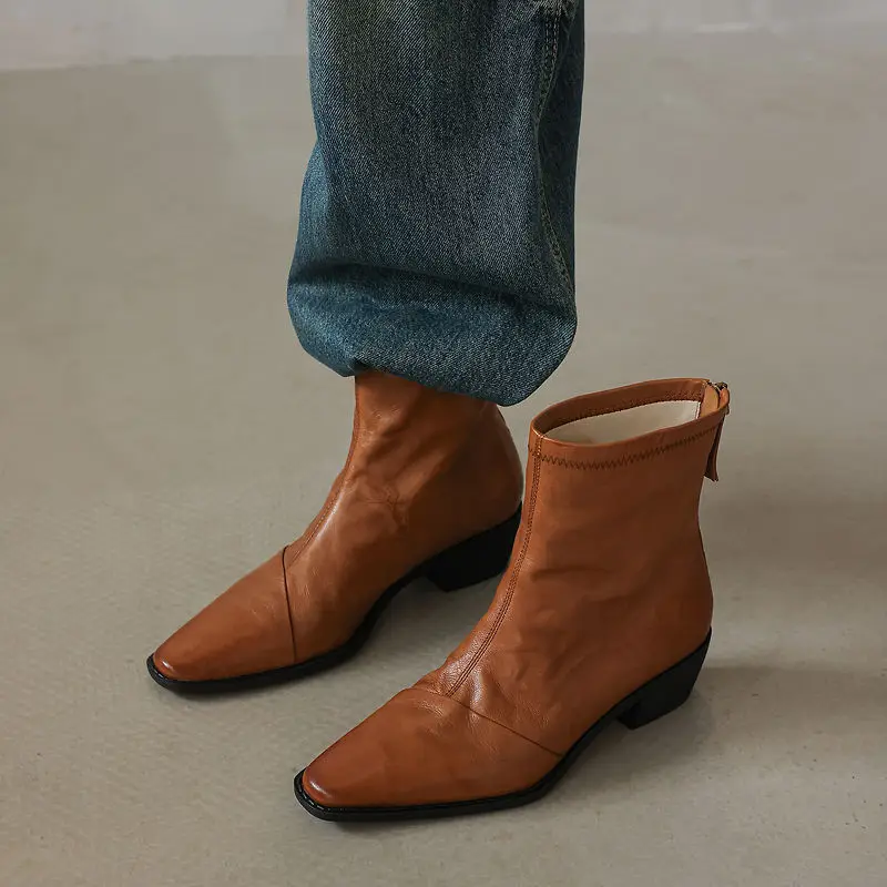 Women's Cow Leather Square Toe Side Zip Autumn Ankle Boots 4.5cm Thick Med Heel High Quality Soft Comfortable Casual Short Boots