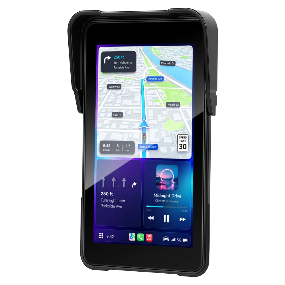 Podofo 5-Zoll-Vertikalbildschirm, intelligentes Motorrad-Display, kabelloses Carplay, Android-Auto-Navigation, IP68, wasserdicht, BT, Helligkeitseinstellung, Motorrad-Monitor, 12 V, mehrere Sprachen,