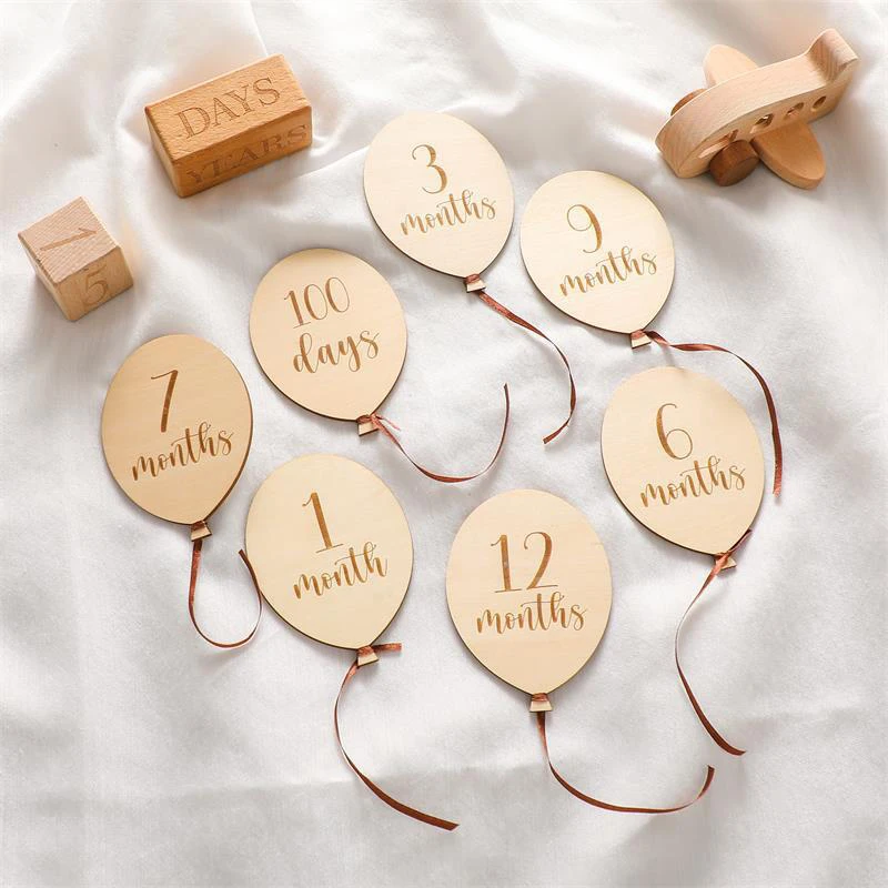 Baby Balloon Milestone Number Monthly Memorial Month Card Newborn Baby Wooden Engraved Age Photography Accessories Birthing Gift