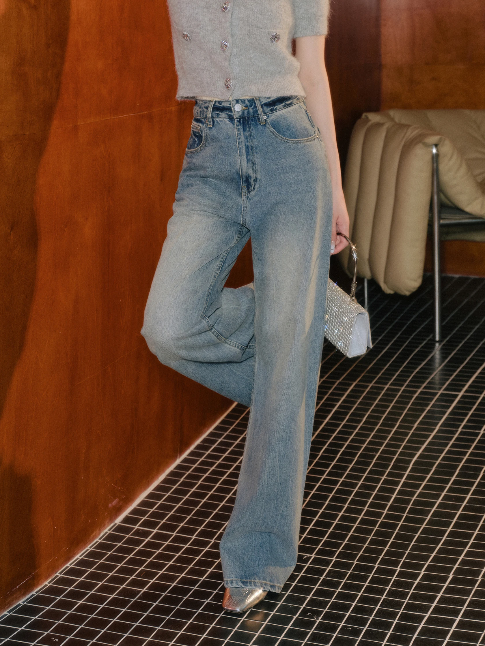 

Джинсы Ele с высокой талией, широкими штанинами, светло-голубые, с эффектом потертости, удлиняющие ноги, длиной в пол, буткат, для женщин