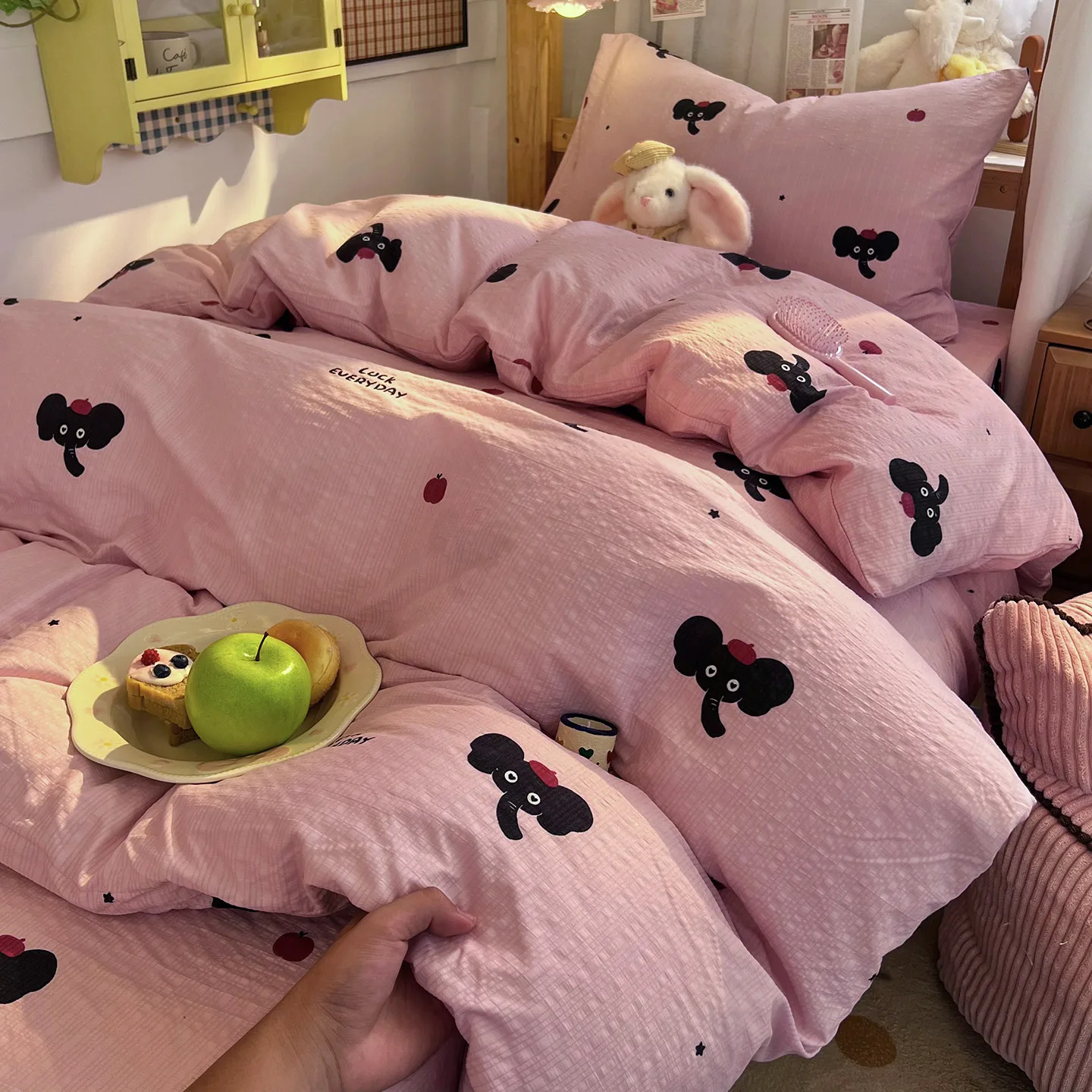 Korean Style Pink Bedding Set Elephant Washed Cotton  Duvet Cover Cute Cardboard  Bed Linen Comforter Sets