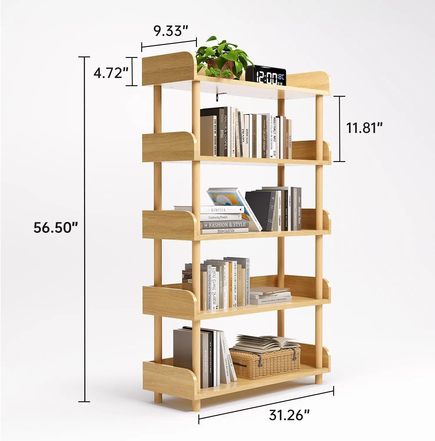 5-Tier Bookshelf Wooden Open Modern Display Shelf With Standing Storage Rack, Multifunctional Bookcase For Home And Office,