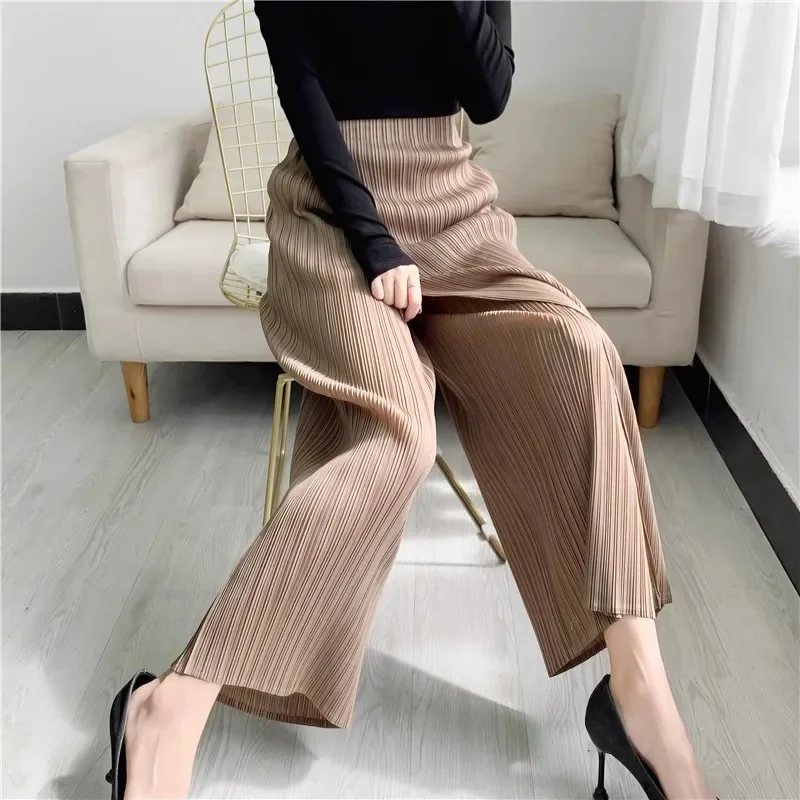 Miyake Style Women Pleated Solid Color Ankle-length Pants Elastic Waist Wide Leg Straight Female Trsouser Loose 2025 Summer