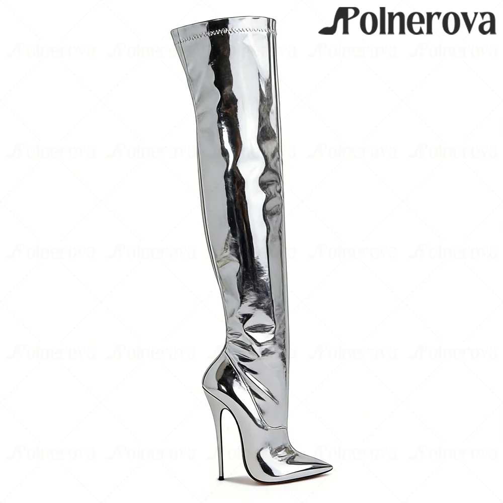 16cm Lacquered Heel Patent Leather Over-the-Knee Boots Sexy Style Pointed Stiletto Boots Customizable Multi-color Handmade Shoes