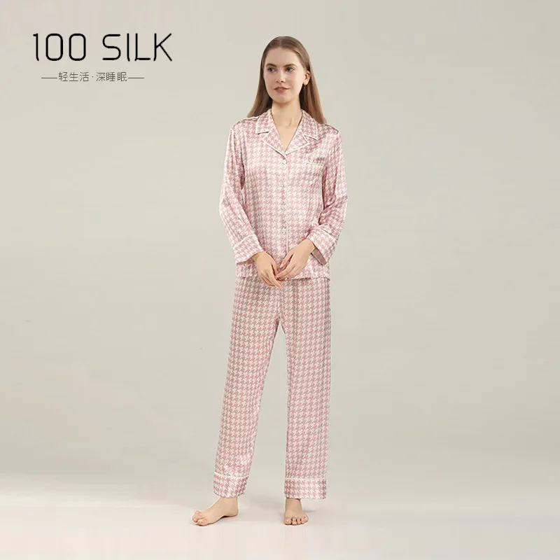 Houndstooth 100% Mulberry Silk Long Sleeve Trousers Nightwear Suit 19MM Heavy Silk Ladies Pajama Sets Printed Holiday Pajamas