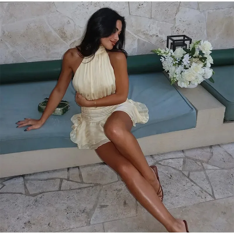 Zomer Effen Sjaal Kraag Mini Jurk Vrouwen Elegante Mouwloze Ruche Zoom A-lijn Vestidos 2025, Vrouwelijke Chic Avondfeest Jurken