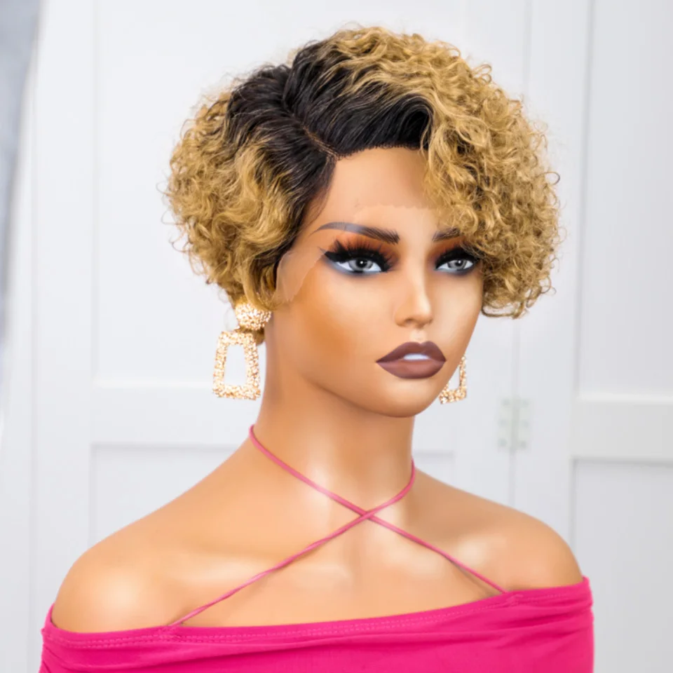 Pixie Cut Wig Short Bob Wig Curly Human Hair Wigs 13x1 Lace Front Transparent Deep Wave Lace Wig Preplucked Ombre Blonde 1B/30