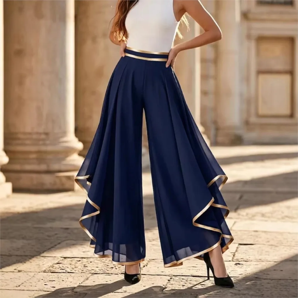 Fashionable Splicing Layered Chiffon Wide-leg Pants Summer Women's Solid Color High-waisted Casual Loose Trousers Ropa De Mujer