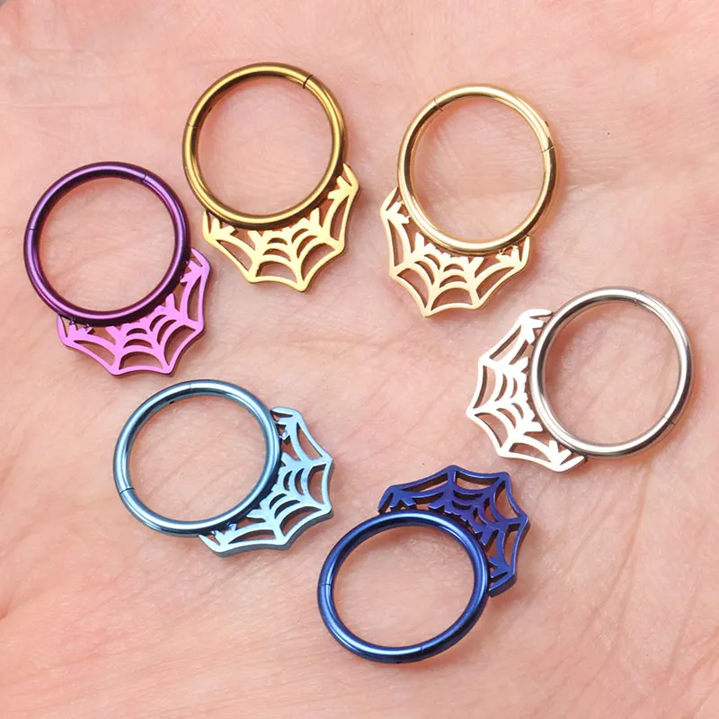 ASTM F136 Titanium Heart Clicker Septum Piercing 16G Hinge Daith Helix Flame Spider Web Earring 2024 New Anodized Wholesale