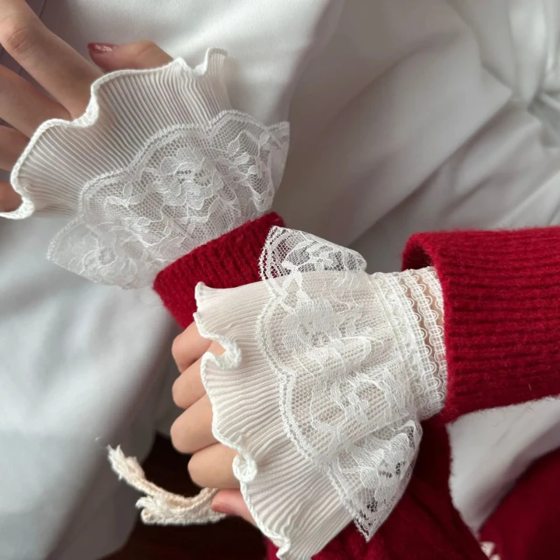 Lace Embroidery False Cuffs Detachable Wrist Cuffs Elegant Horn Design for Shirt Sweater Simple Wristband Fashion Accessory