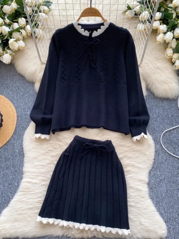 Kimotimo Knitted Two Piece Sets Women Sweet Loose Long Sleeve Pullover Sweater Pleated A-line Mini Skirts Autumn Winter Suits