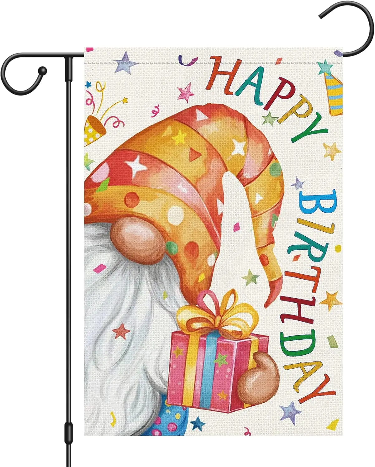 Heyfibro Happy Birthday Gnome Garden Flag 12x18 Inch Double Sided Burlap, Colored Ribbon Party Yard Banner for Farmhouse Out EEZ