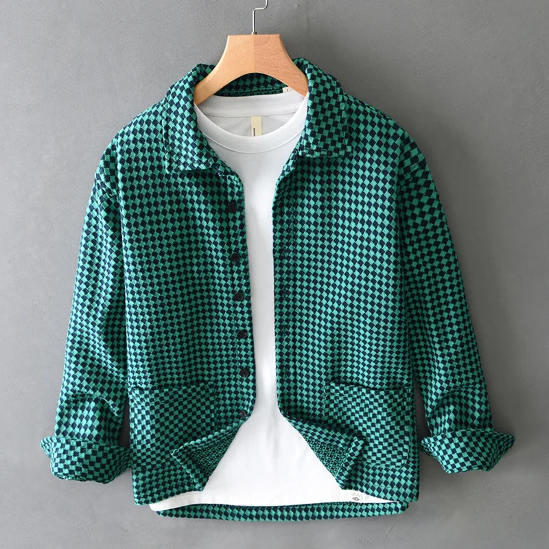 

Loose Fit Knitted Long Sve irt for Men Vintage Plaid Design Casual Sle Autumn Outerwear Polyester Cotton Blend