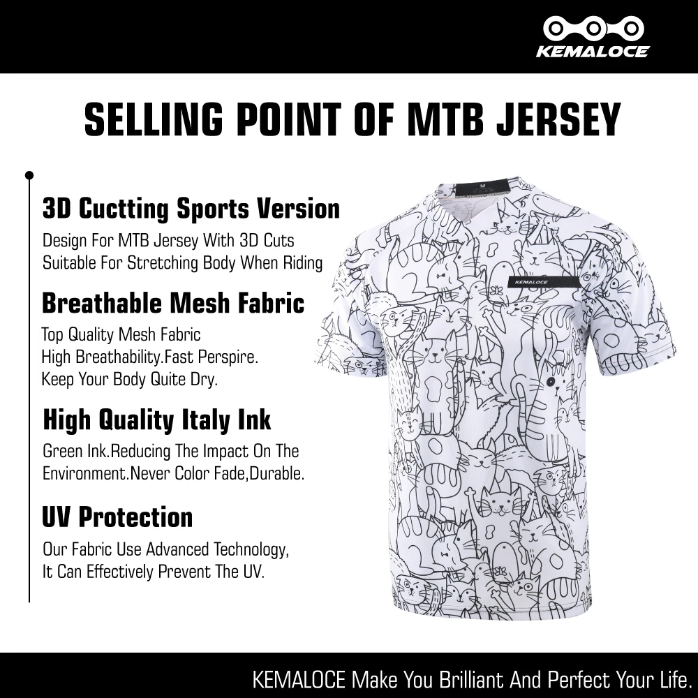 KEMALOCE MTB Jersey Men Polyester Quick Dry White&Black Cartoon 2024 Enduro Motocross Jersey Summer Short Sleeves DH BMX Jersey