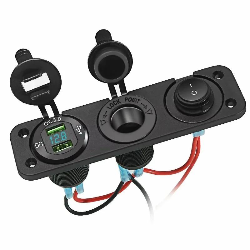 12v power socket, 3-in-1 with PD C-type 3.0 and QC 3.0 USB chargers, for marine and automotive waterproof use