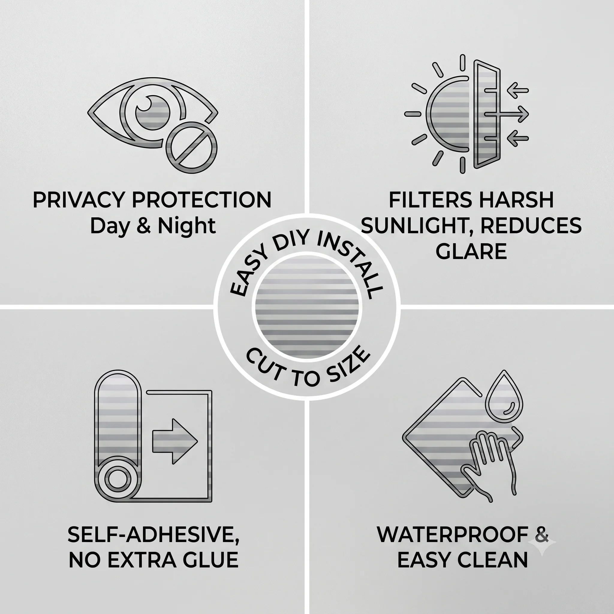 Day & Night Privacy Glass Sticker Horizontal Striped Self-Adhesive Window Film Anti-Glare Waterproof Easy Clean Removable