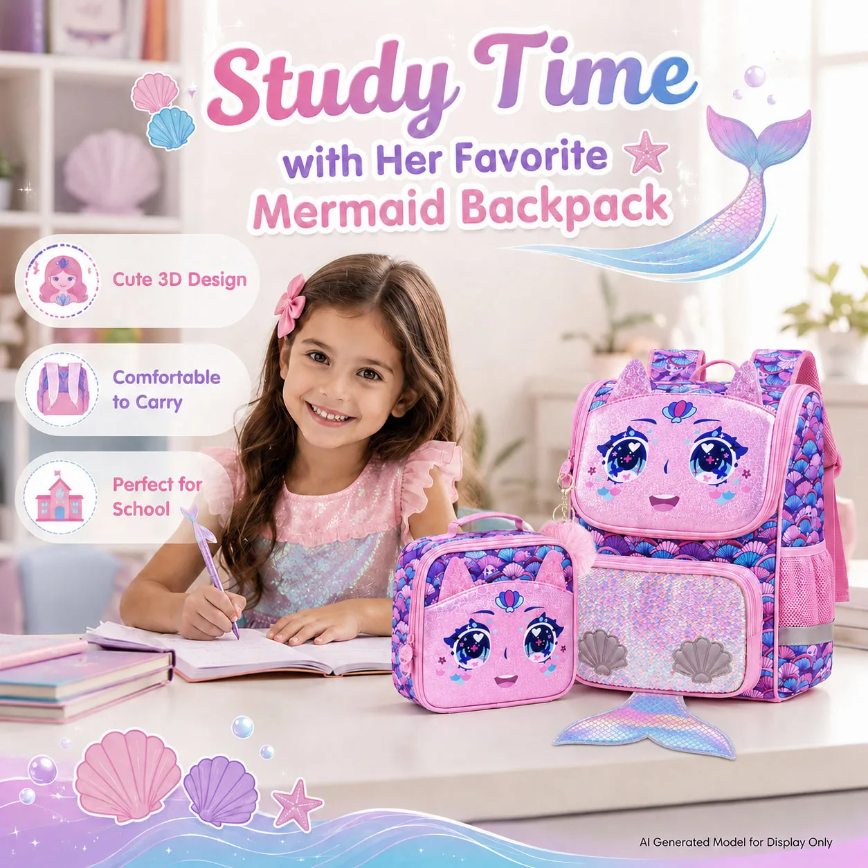 Kid's backpack 3PCS 15 Inch Hard Shell Set, Big Eyes Mermaid Print, One Backpack + One Handbag + One Pencil Case