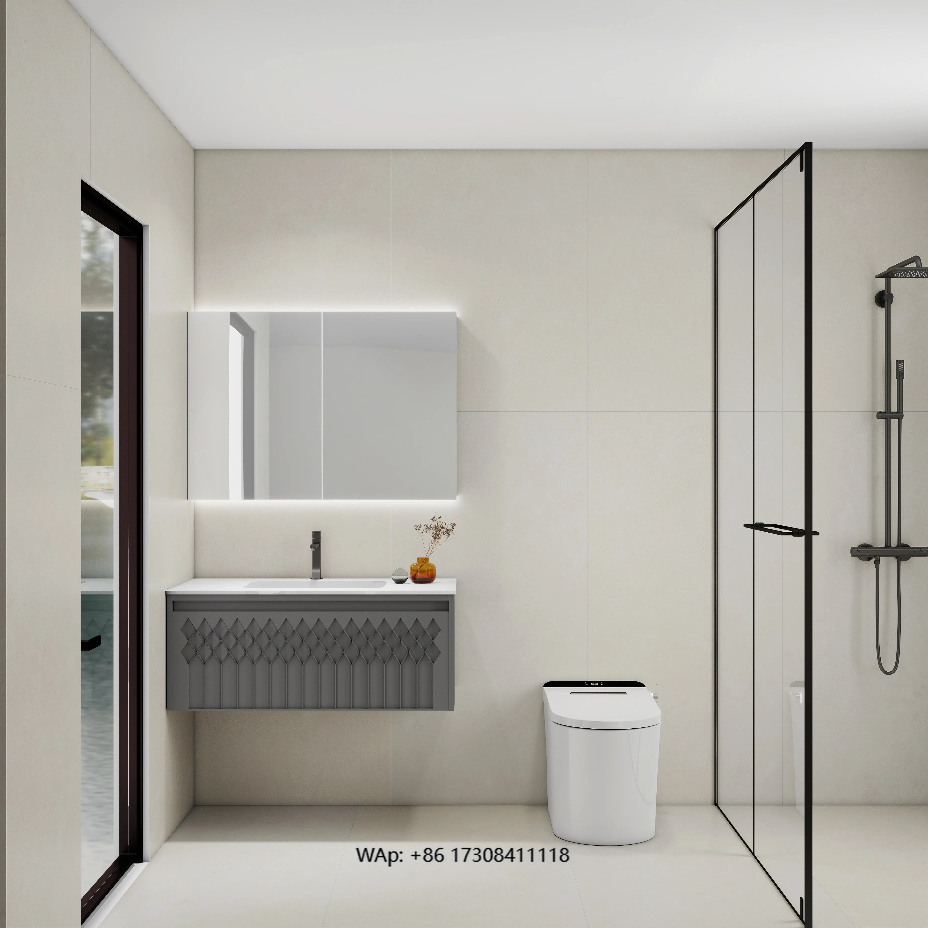 

High Quality Vanity LED Mirror Cabinet Smart Toilets Simple Modern Hotel Bathroom Furniture