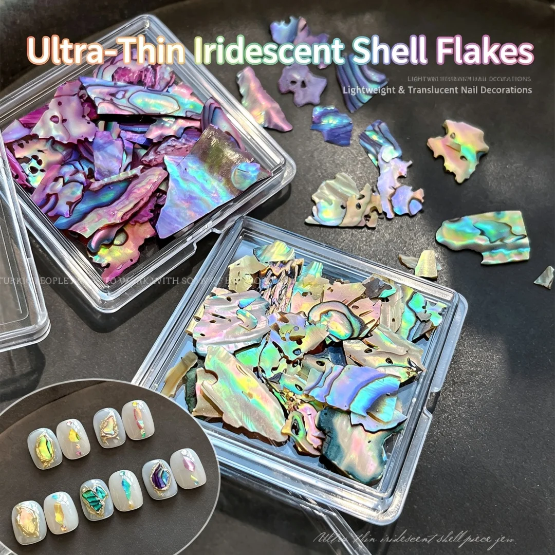 Ultra-Thin Shell Flakes for Nail Art –Irregular Iridescent Abalone Pieces, Natural Mother of Pearl Chips,DIY Manicure Decoration