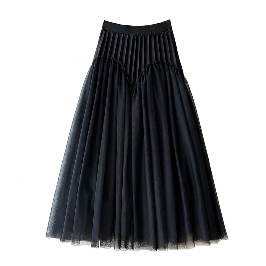 2025 Spring Women's A-Line Long Skirt High Waist Stretch Mesh Thick Maxi Skirt Femme Faldas Jupe Saia Pleated Skirt