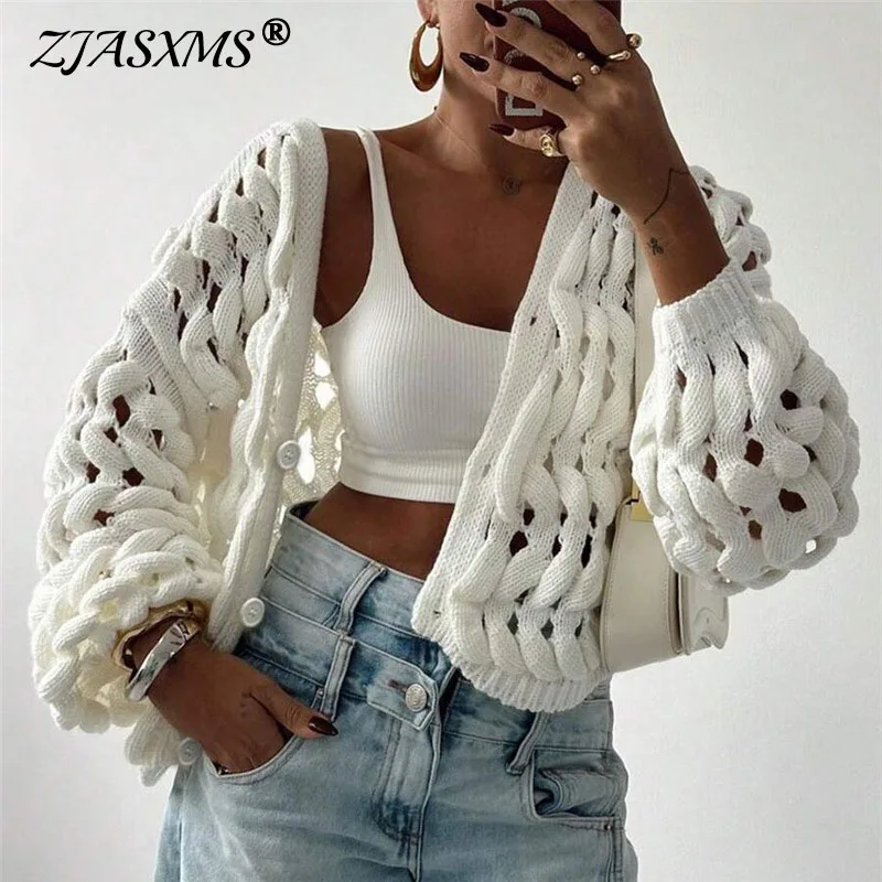 

Sexy Hollow Out Long Sleeve Cardigan for Women Casual V Neck Button Knitted Sweater Jumper Beach Solid Loose Crochet Tops Jacket