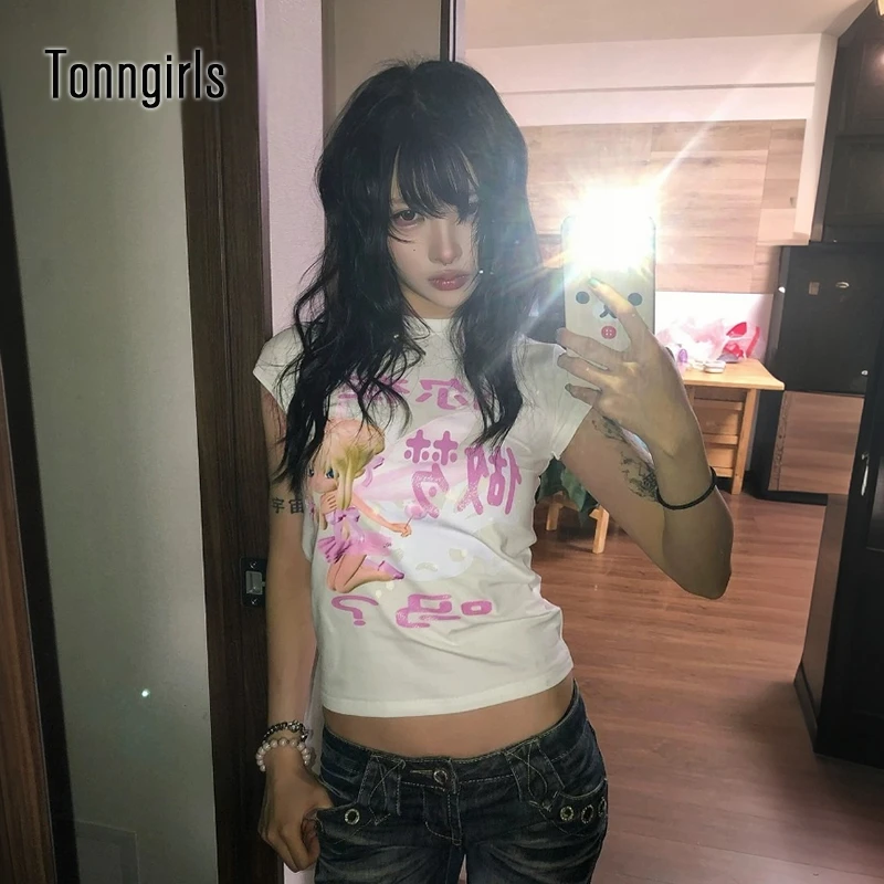 Tonngirls Y2k Japanese Print Graphic Tops Women Short Sleeve Cotton Tshirts Aesthetic 2000s Funny Casual Vintage Tops Korean