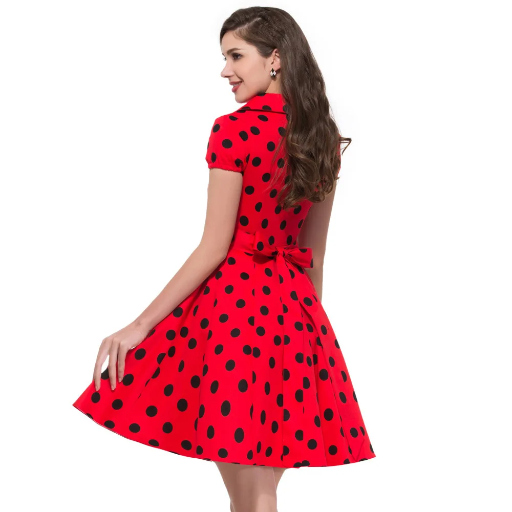 Fashion Style Woman Retro Waist Belt V-Neck Dress Short Sleeve Performance Dress Swing Pin Up Polka Dot Dresses Party Vestidos