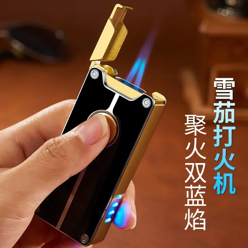 Induction Dual Fire Direct Injection Lighter Windproof Battery Cover USB Blue Flame Inflatable Cigar Lighter Men\'s Gift with Box