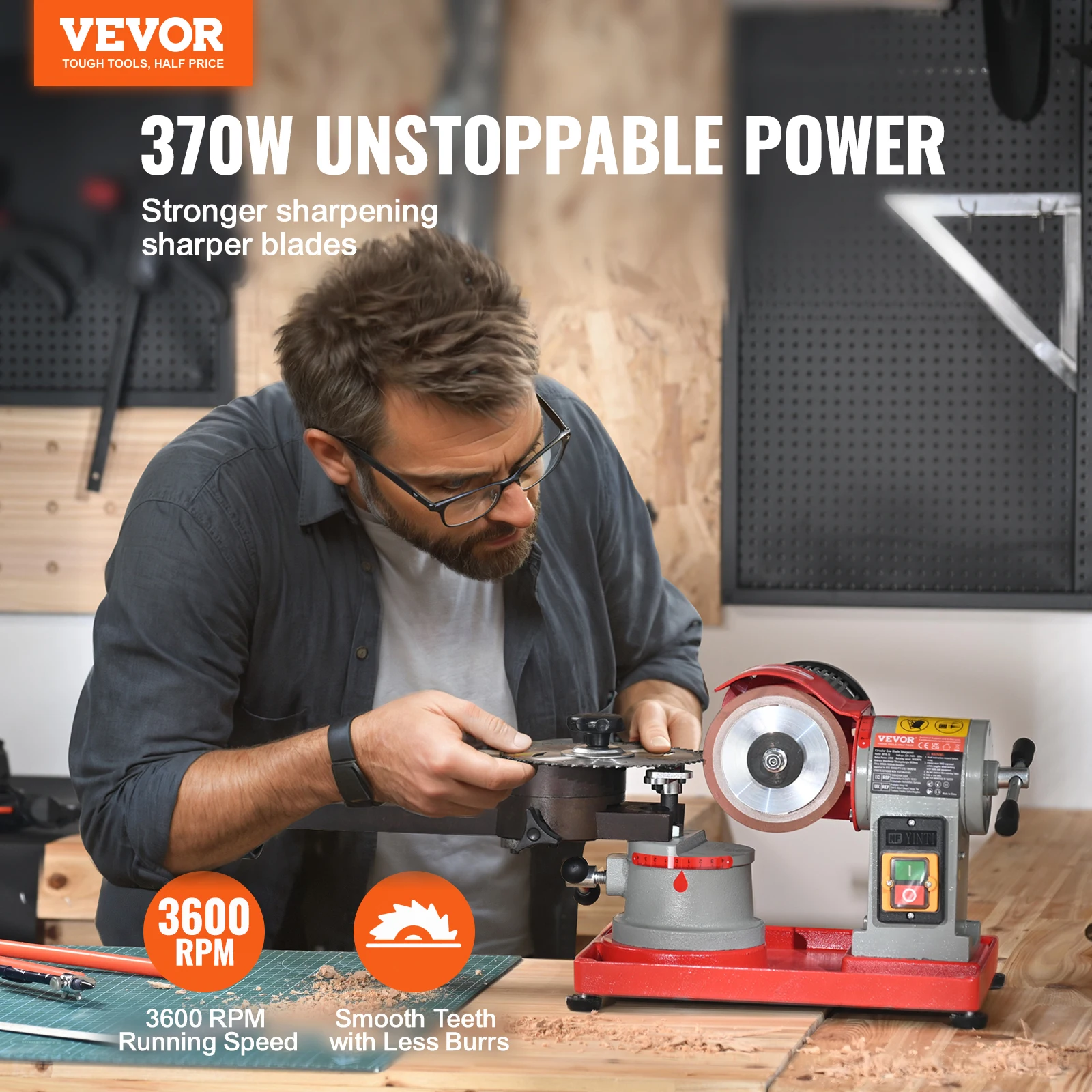 VEVOR Circular Saw Blade Sharpener 370W Sharpening Machine 3600RPM Saw Blade 5Inch Wheel Rotary Mill Polisher for Carbide Tipped