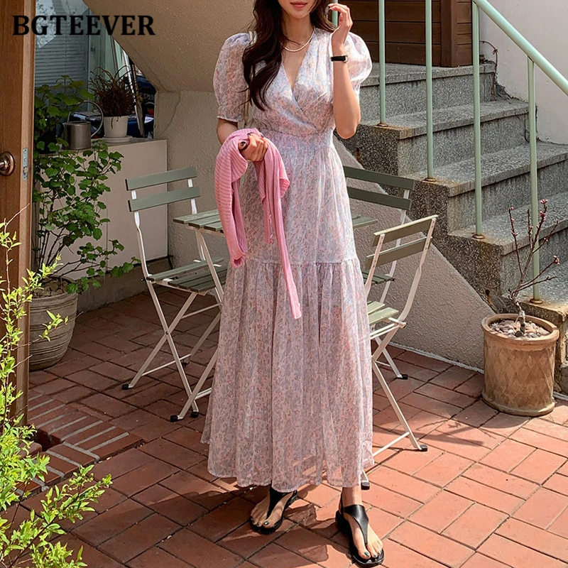 BGTEEVER-vestido floral vintage com o pescoço para mulheres, cintura fina elegante, manga folhada, vestido em linha A para senhoras, verão