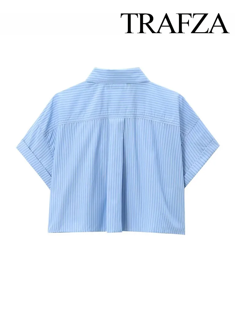 TRAFZA-Camisa de manga corta con solapa para mujer, blusa Vintage ajustada con bolsillo a rayas, informal, a la moda, para verano