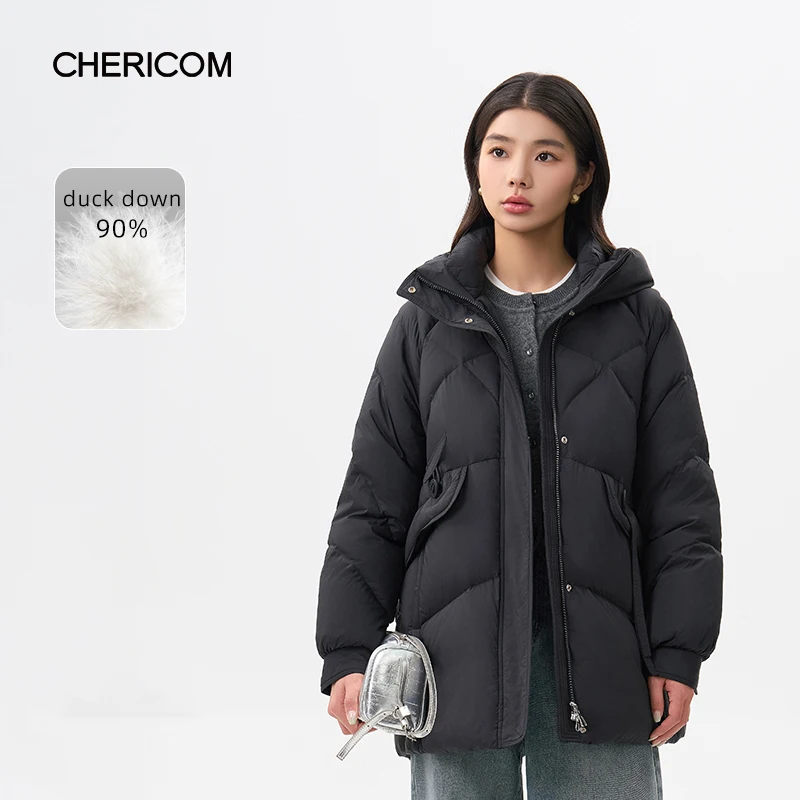 Jaket Panjang Wanita Chericom 2025 Musim Dingin Baru Kerah Tegak Berkerudung Elegan untuk Kerja Santai dengan Ritsleting Pakaian Luar Termal Y309162Y