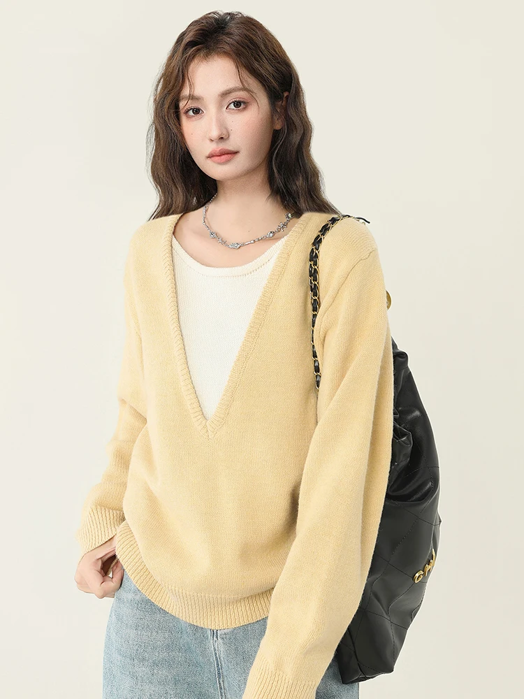 

Autumn New V-neck Long Sleeve Sweater Women Design Sense Niche Contrast Color Fake Two Pieces Pullovers Elegant Knitted Tops