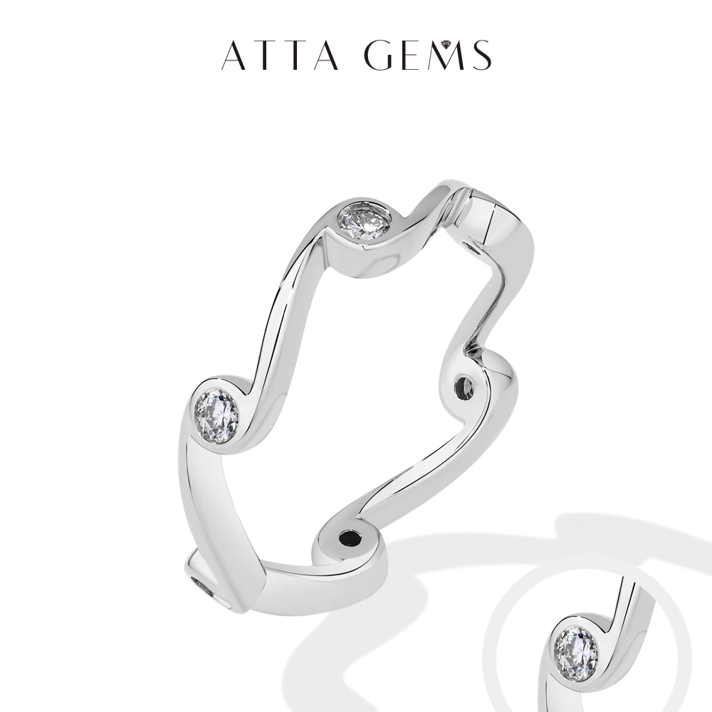 

ATTAGEMS Full Bezel Moissanite Wave Ring DVVS1 Real 925 Sterling Silver 18k Gold Plated Wedding Band For Women EngagementJewelry