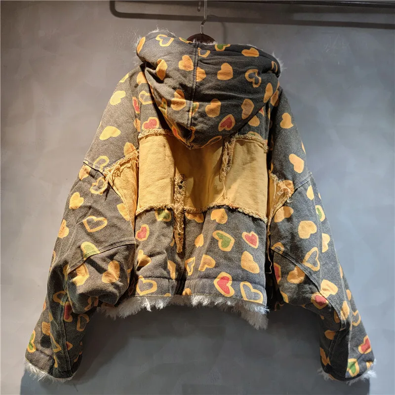 WTHT Vintage Fashion Women's Plush Edge Deisgn Printe Hooded Warm Coat 2024 Winter Long Sleeves Loose Jacket Female 1LS457