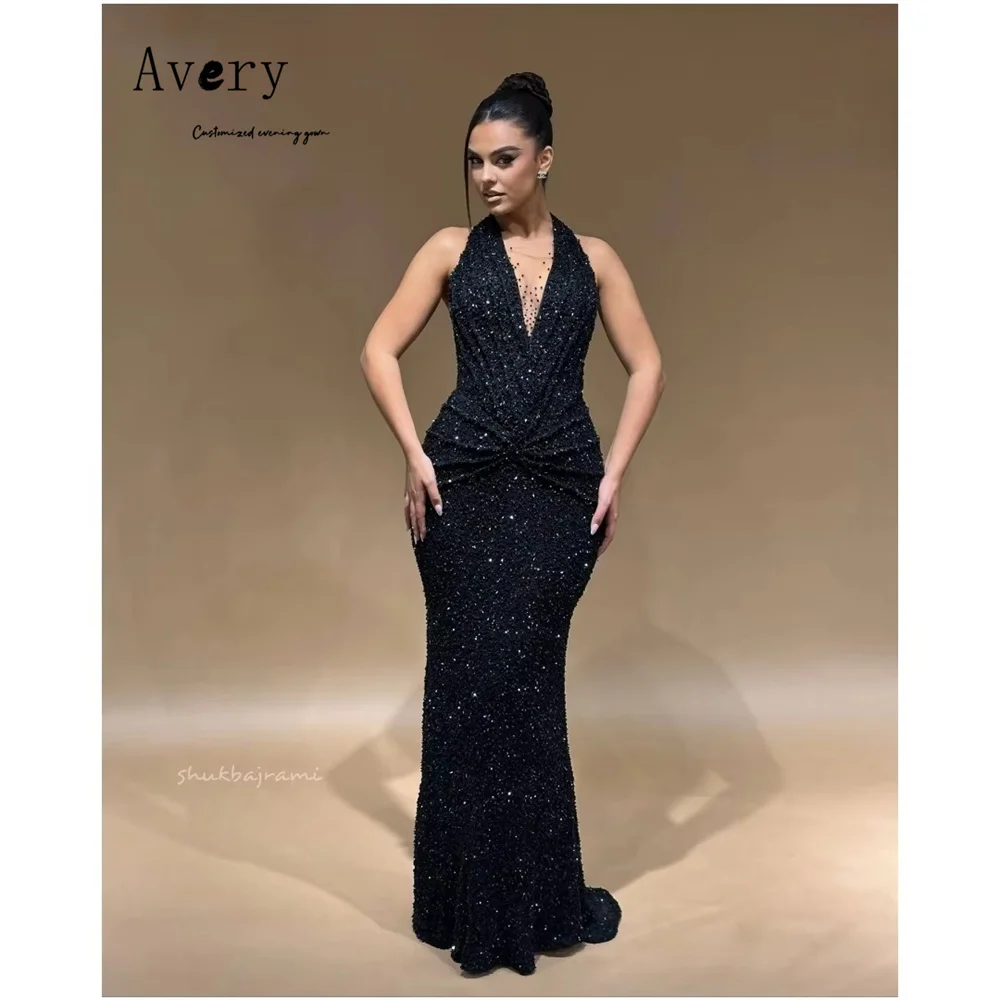 

Avery Custom Black Shiny Sleeveless V-neck Prom Dress Luxury Dress 2025 Evening Dresses 2025 Woman Luxury Evening Dress Women's