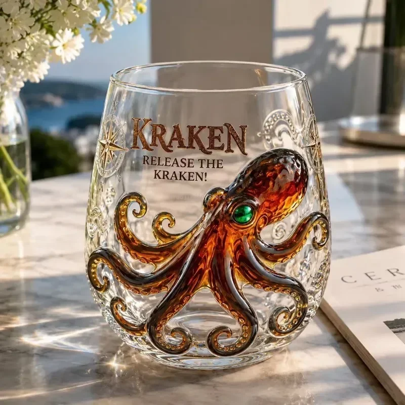 Deep Sea Octopus Pattern Whiskey Tumbler, Sea Monster Themed Cocktail Glass, Spirits Drinkware & Gift for Men