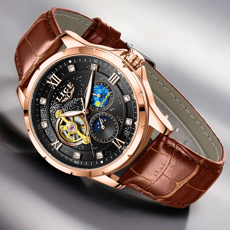

LIGE Лучшие роскошные механические часы, мужские модные автоматические мужские часы с бриллиантами, 30 м, водонепроницаемые светящиеся наручные часы, мужские Reloj 2026