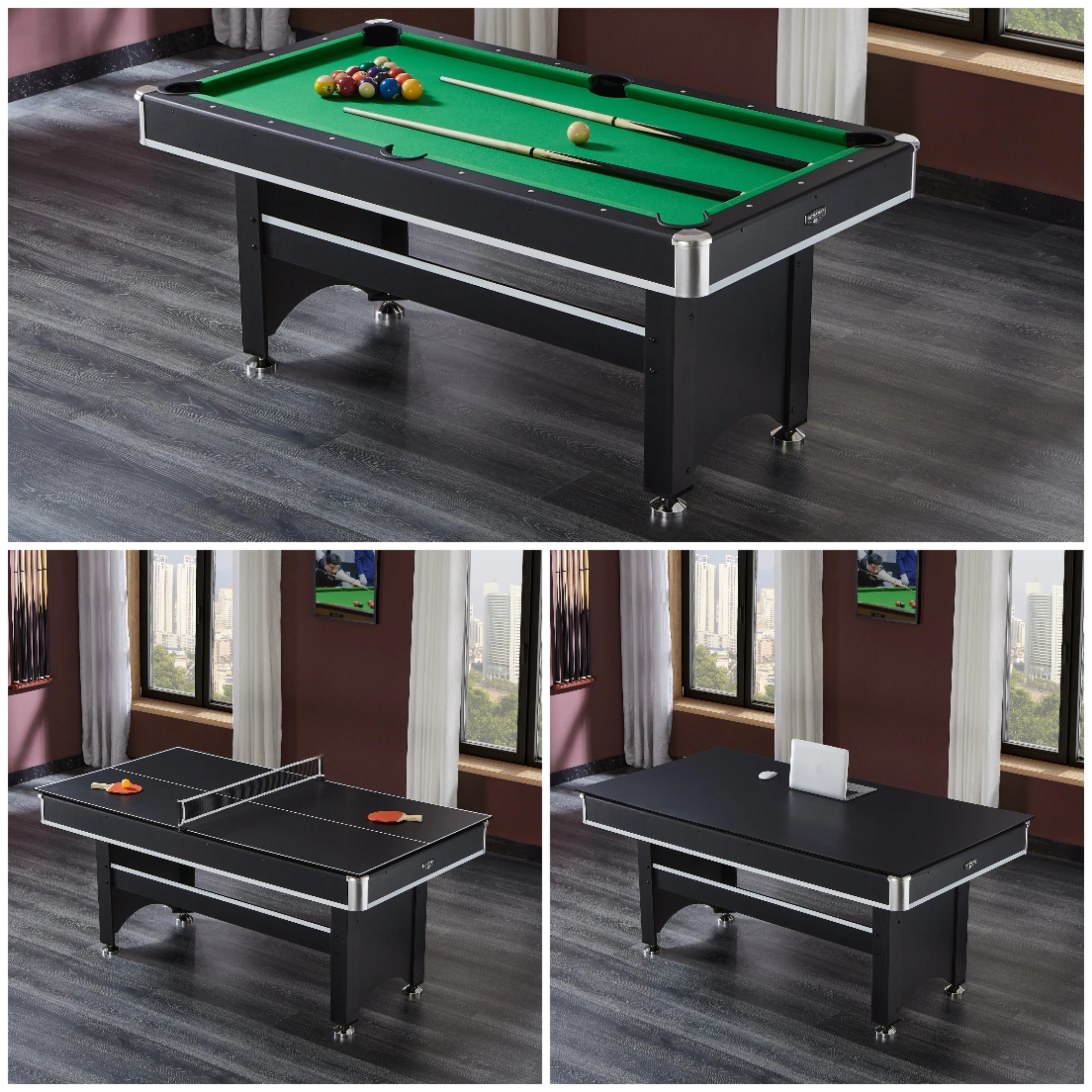 Multi Function Pool Table 6FT, 3 in 1 Billiard Game Set, Mini Indoor Family Entertainment Toy for Kids Activity Use