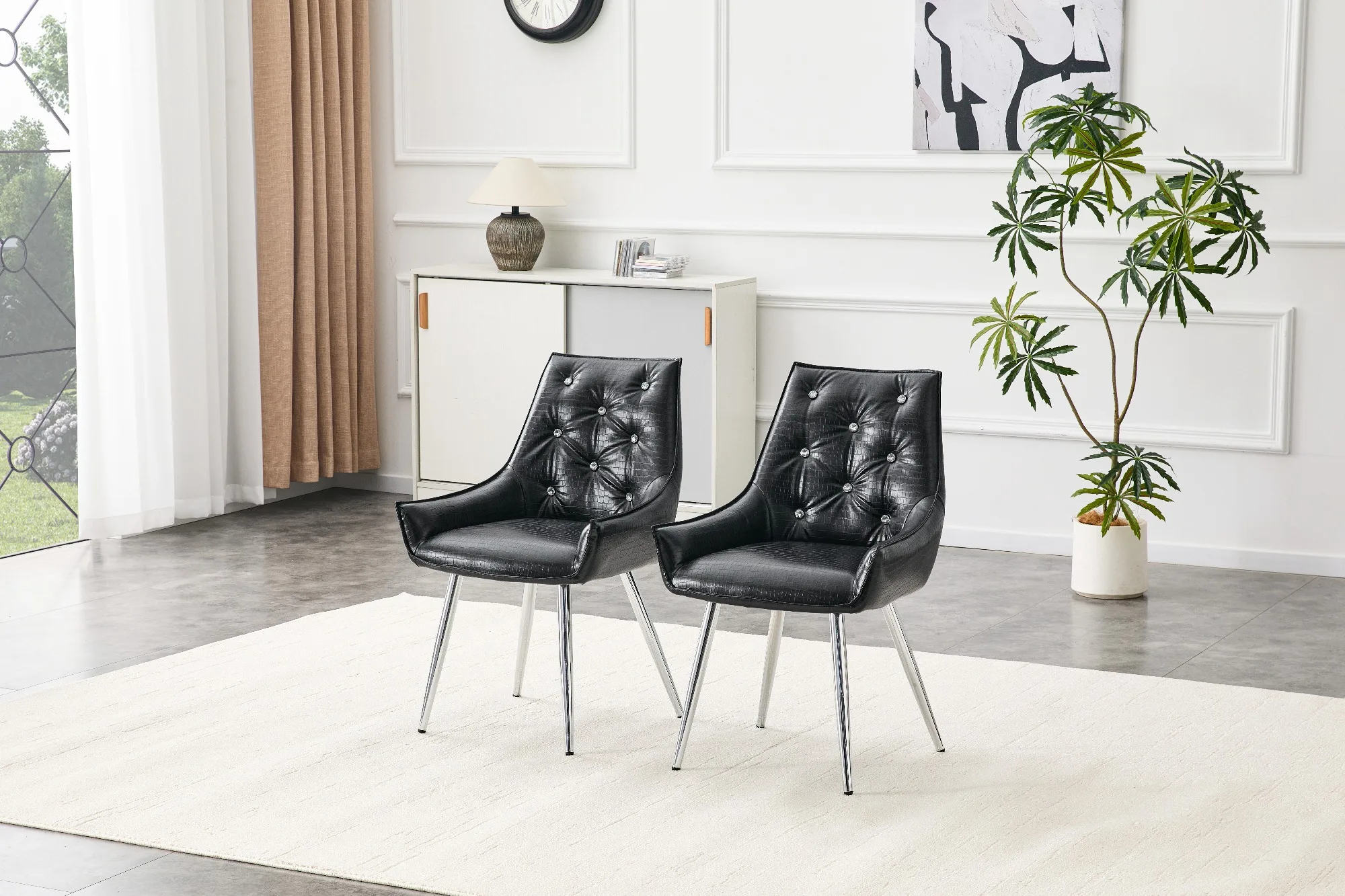 Crocodile Pattern Premium PU Leather Dining Chair, Diamond Decor Backrest, Chrome Silver Metal Legs Sponge Cushion , Living Room