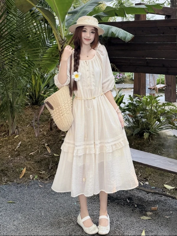 

plus Size Women's Gentle Style Short Sleeve Dress A-Line Long Skirt Design Slimming Waist Effect Summer New Fashion Casual Wear