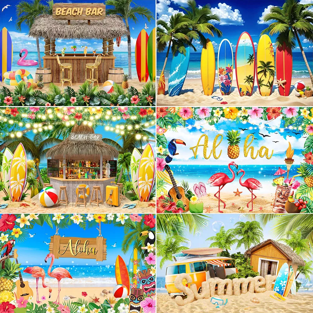 

Summer Tropical Beach Hawaiian Theme Aloha Luau Seaside Flamingo Ocean Surfboard Holiday Birthday Party Background Photo studio