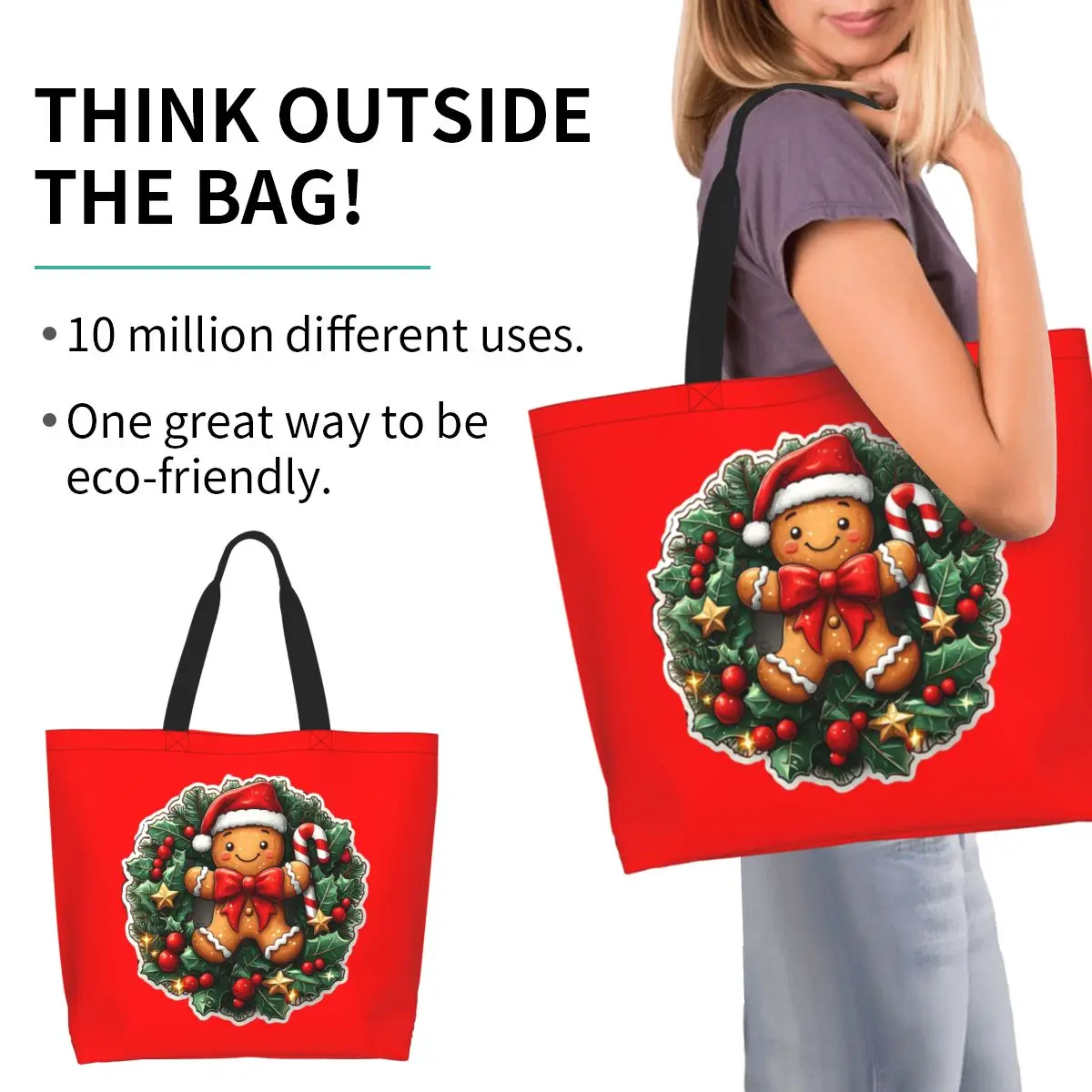 Gingerbread Joy Wreath Shopping Tote Bag Canvas Large Capacity Shoulder Bags Shopper Grocery Handbag for Women