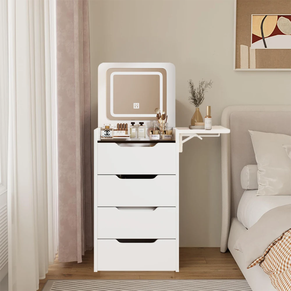 Meja Rias Rias Panel Tersembunyi Stasiun Pengisian Daya Set Rias 3 Laci Lampu Meja Rias Kompak Bangku Tersembunyi